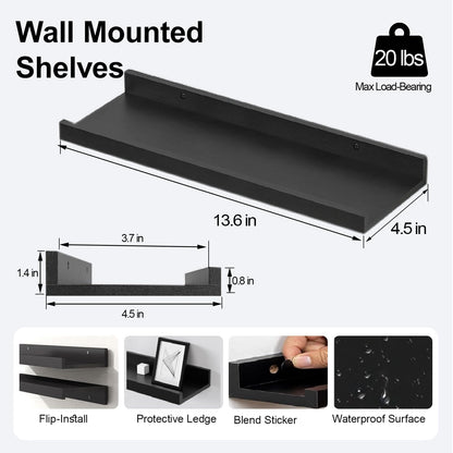 Skiennix Black Floating Shelves - Wall-Mounted Wood Storage for Bedroom, Living Room & Kitchen | Set of 2, 14 Inches