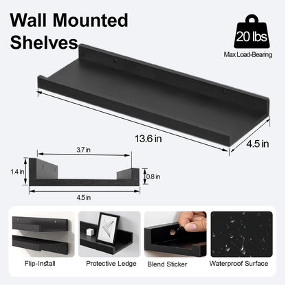 Solrot Black Floating Shelves for Wall Decor, Wall Mounted Wood Storage Shelf for Bedroom, Living Room, Bathroom, Kitchen, Nursery, Display Picture Ledge Shelf with Lip Set of 2-14 Inches, Black