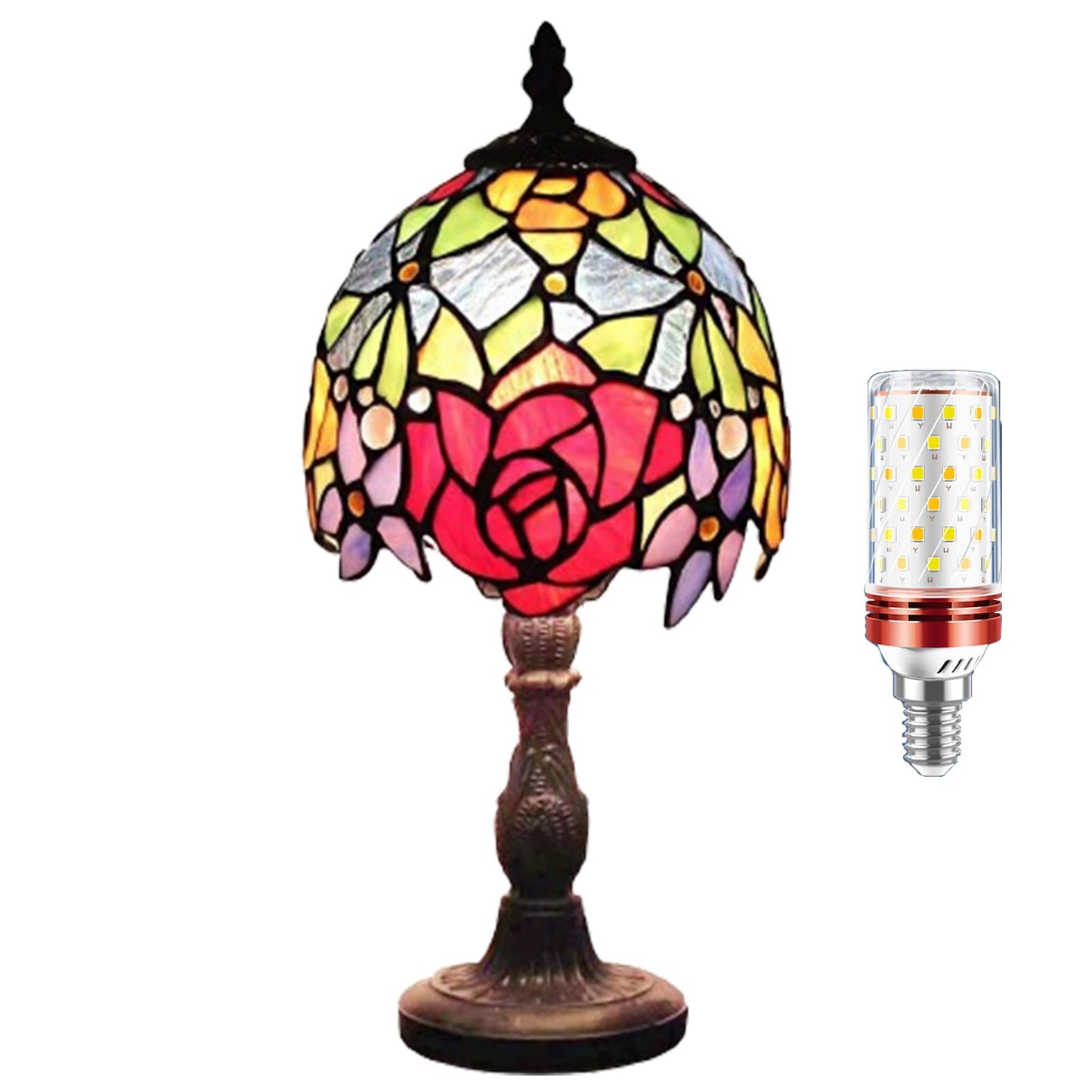 Vesbiela Stained Glass Lamp 8'', Red Flower Tiffany Table Lamp for Bedroom Study Office Home Tiffany Style Table Lamp