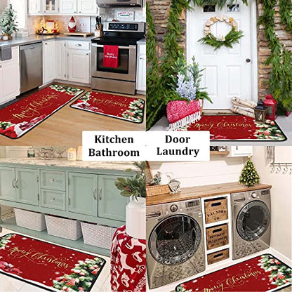 Christmas Kitchen Rugs 2 Pieces - Merry Christmas Non-Slip Washable Padded Mats, Color-1 (17 x 30 & 17 x 47 inches)