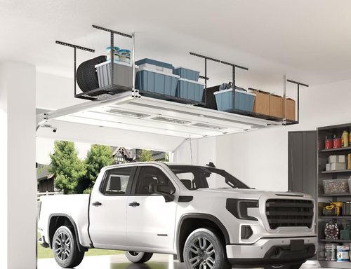 FLEXIMOUNTS Overhead Garage Storage Rack - Adjustable Ceiling Mount | 3x6 ft, 900 lbs Capacity, Black