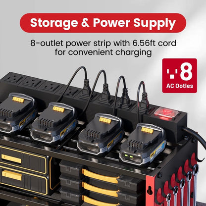 Power Tool Organizer by [Brand Name] - Heavy Duty Wall Mount Shelf with 400lbs Capacity | 12 Slots & 8 Outlets