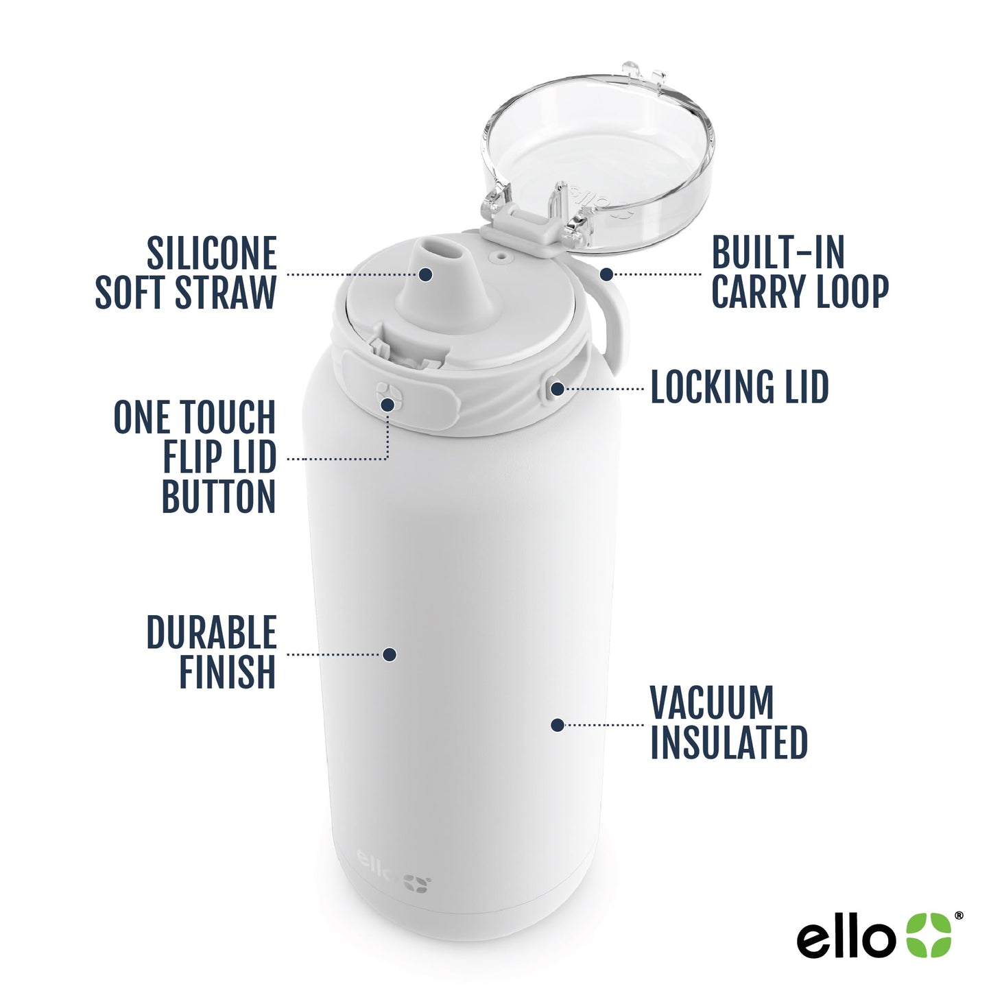 Ello Cooper 22oz Stainless Steel Water Bottle with Straw and Carry Handle, Double Walled and Vacuum Insulated Metal, Leak Proof Locking Lid with Soft Silicone Spout, Reusable, BPA Free, White