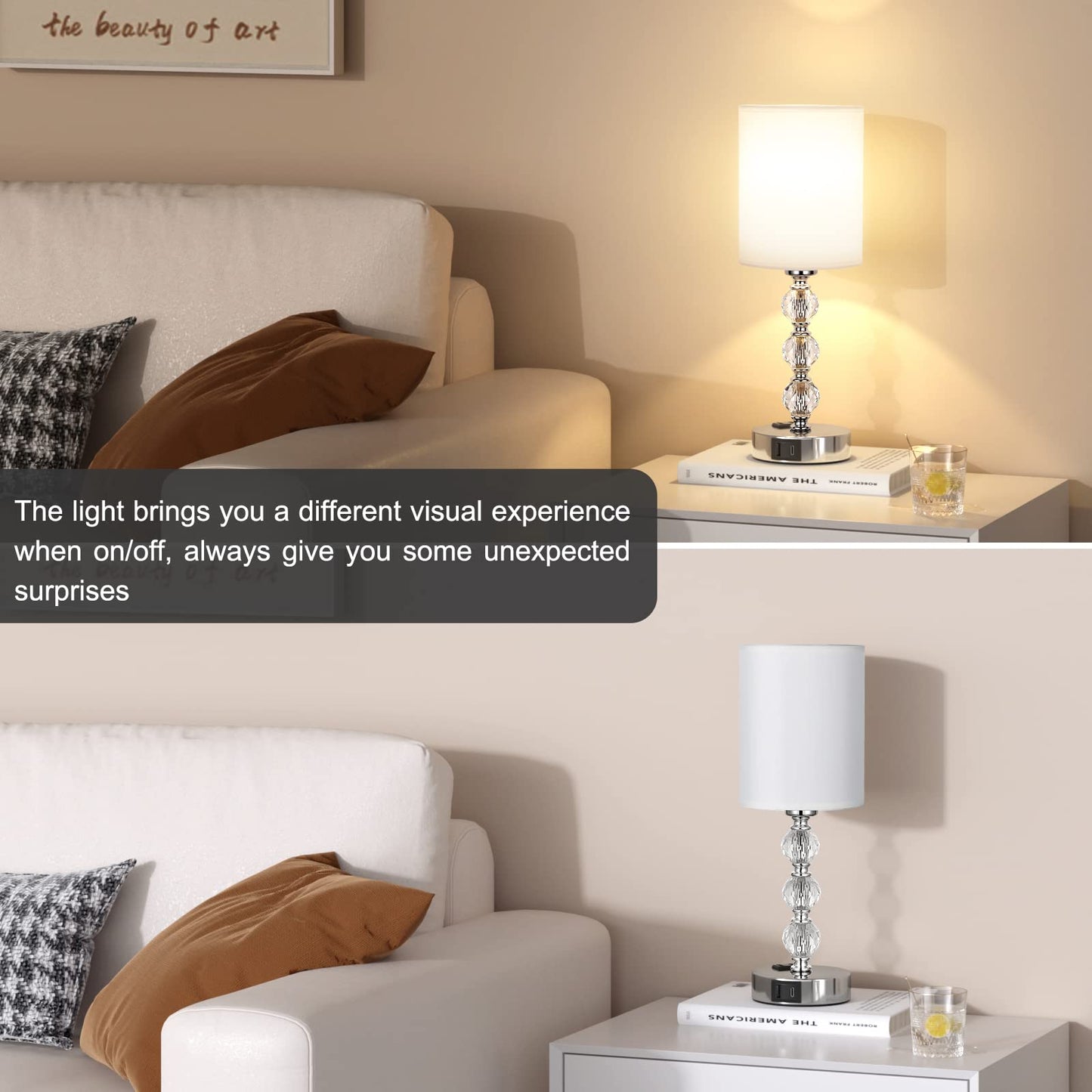 Touch Bedside Crystal Lamps for Bedrooms Nightstand with USB C+A Charging Port and AC Outlet White, 3 Way Dimmable Silver Small End Side Table Lamp for Living/Guest/Dinning Room/Kitchen