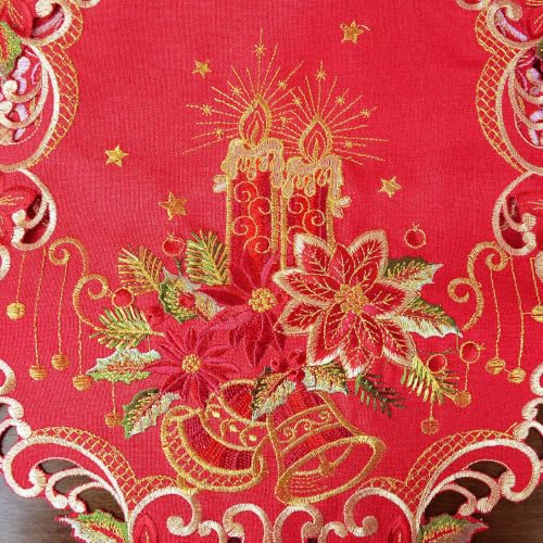 Christmas Table Runner 14x54 Inches - Embroidered Poinsettia & Scalloped Border in Red