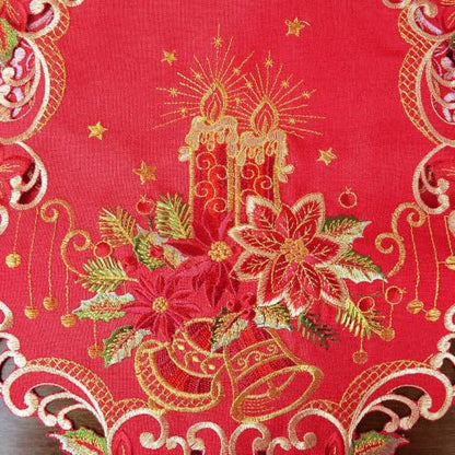 Christmas Table Runner 14x54 Inches - Embroidered Poinsettia & Scalloped Border in Red