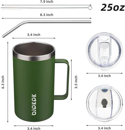 BJPKPK Insulated Coffee Mug - 25oz Stainless Steel Tumbler with 2 Lids & Handle | BPA Free, Forest Green