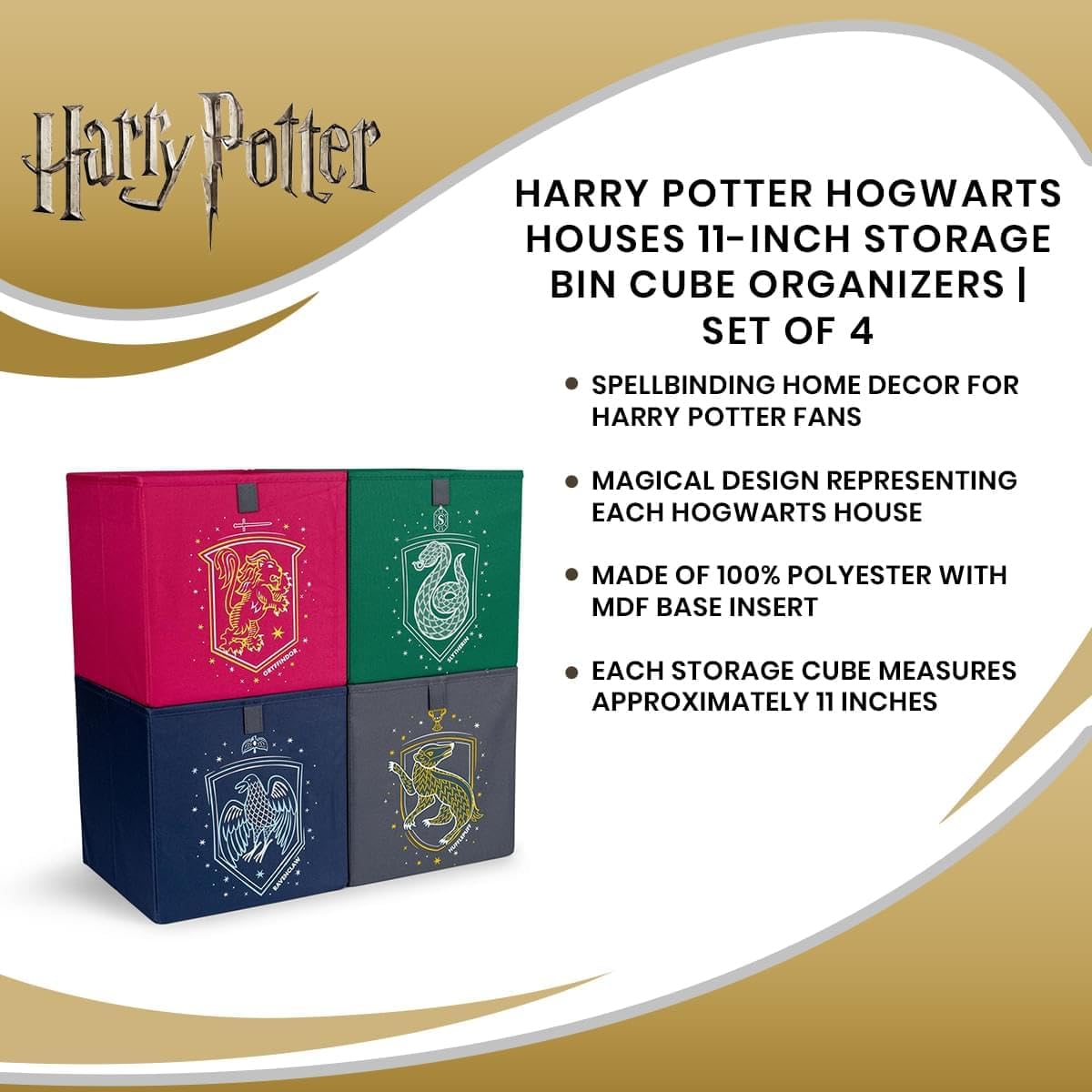 Ukonic Harry Potter Hogwarts Houses 11-Inch Storage Bin Cube Organizers, Set of 4 | Fabric Basket Container, Cubby Cube Closet Organizer | Wizarding World Gifts and Collectibles