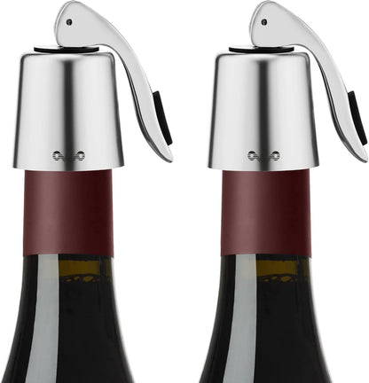 OWO Stainless Steel Wine Bottle Stopper, Reusable Wine Saver with Silicone Seal, Decorative Bottle Sealer, Keeps Fresh (Silver, 2 Pack)