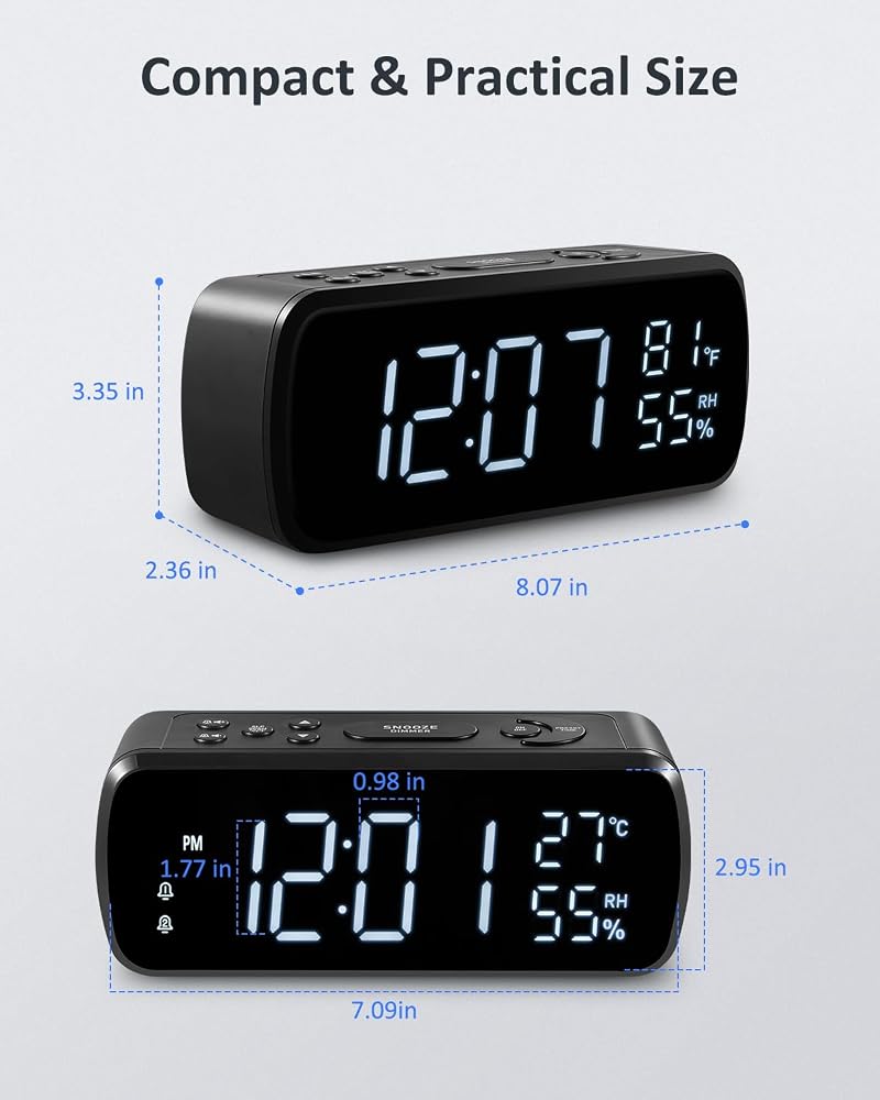 Digital Alarm Clock with FM Radio for Bedroom – 7" LCD, Dual Alarms