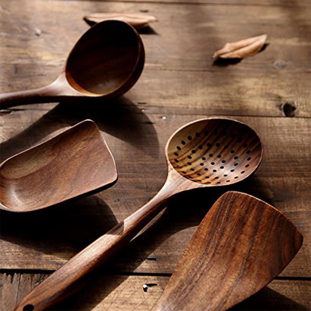 Skiennix Wooden Spoons Set - 4-Piece Luxury Natural Teak Utensils for Nonstick Cookware | Ideal Gift for Home Chefs