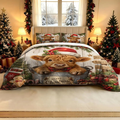 Queen Highland Cow Christmas Comforter Set Kids Bedding with Santa Hat & Holiday Design - 3 Piece