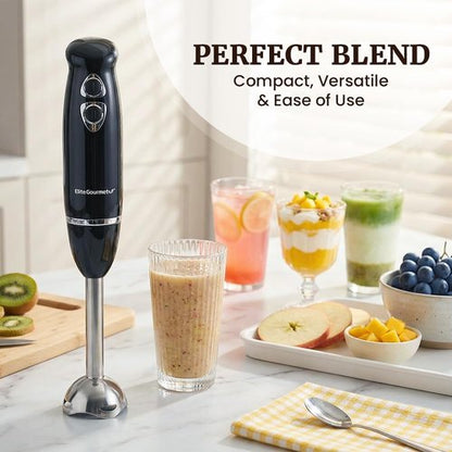 Elite Gourmet Immersion Hand Blender - 500 Watts, 2-Speed, Stainless Steel Blades | Perfect for Smoothies, Baby Food, Soup - Black