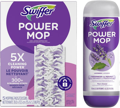 Swiffer Power Mop Refill Pack - All-Purpose Floor Cleaner for Tile, Vinyl, Wood | 5 Pads + Lavender Solution