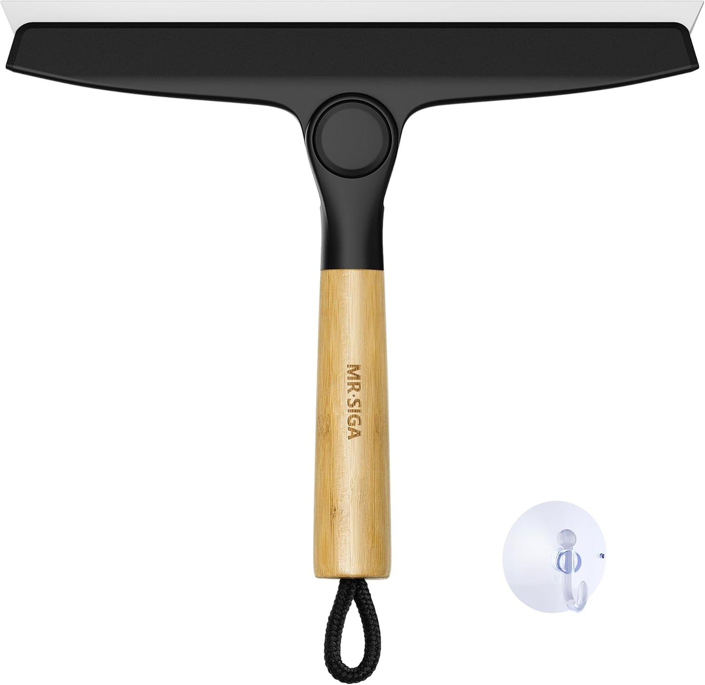 MR.SIGA Silicone Shower Squeegee - Streak-Free Cleaning with Pivoting Bamboo Handle | 10-Inch Wide, Black