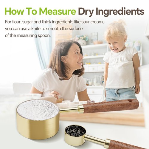 8 Pcs Golden Stainless Steel Measuring Cups and Spoons Set,Wooden Handle Baking Tools with US Measurements,Measuring Cups for Cooking, Baking, Dry & Liquid-Kitchen Baking Supplies