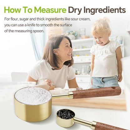 8 Pcs Golden Stainless Steel Measuring Cups and Spoons Set,Wooden Handle Baking Tools with US Measurements,Measuring Cups for Cooking, Baking, Dry & Liquid-Kitchen Baking Supplies