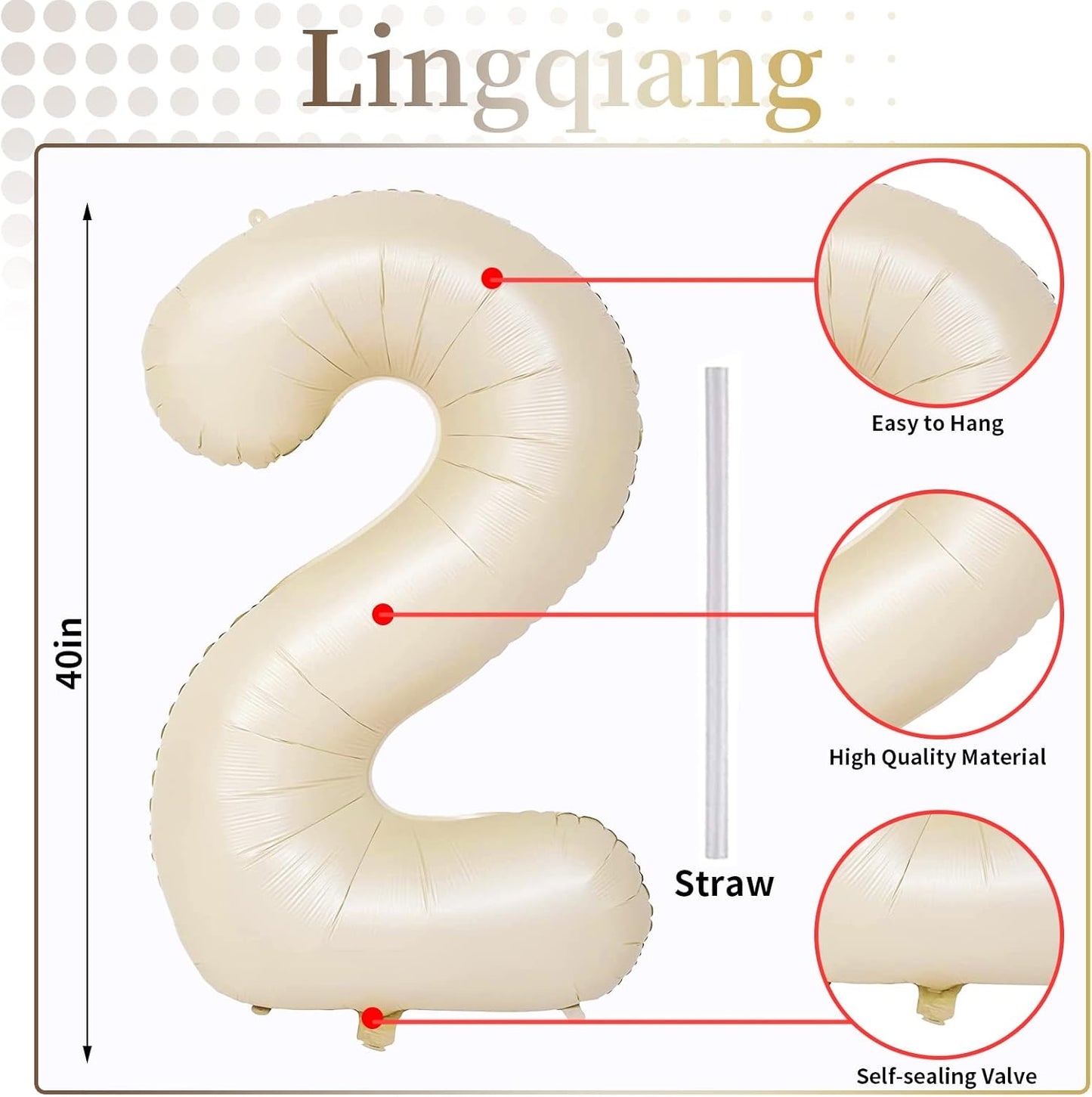 Skiennix 40-Inch Giant Helium Number Balloons - Beige 2nd Birthday Decorations for Boys & Girls