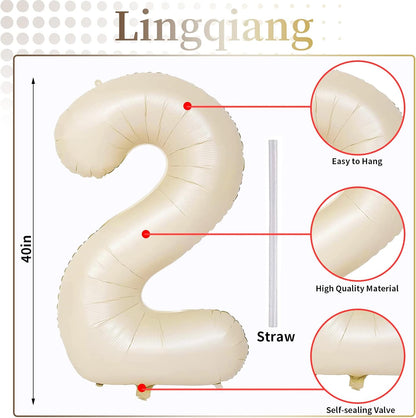 Skiennix 40-Inch Giant Helium Number Balloons - Beige 2nd Birthday Decorations for Boys & Girls