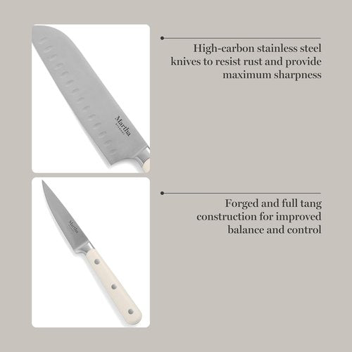 Martha Stewart 14-Piece High Carbon Stainless Steel Cutlery Set - Forged Handles & Acacia Block | Linen White
