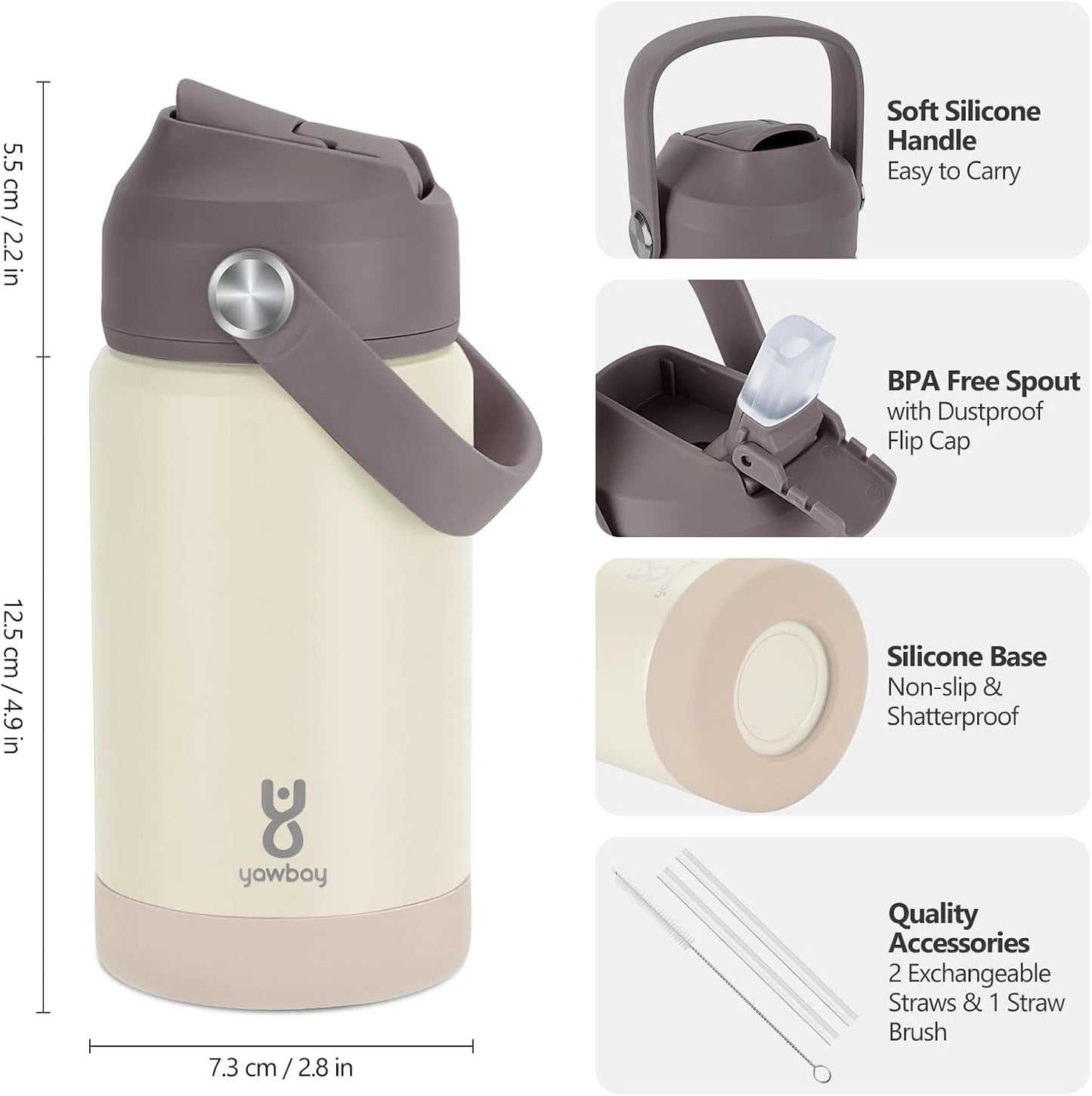 Skiennix Kids Insulated Water Bottle - 12oz Leak-Proof Design with Straw Lid & Silicone Handle | Beige