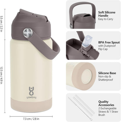 Skiennix Kids Insulated Water Bottle - 12oz Leak-Proof Design with Straw Lid & Silicone Handle | Beige