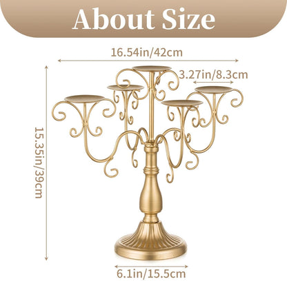 Sziqiqi Gold Candelabra Centerpiece - 5 Arm Pillar Candle Holder with Crystal Beads for Weddings & Holidays