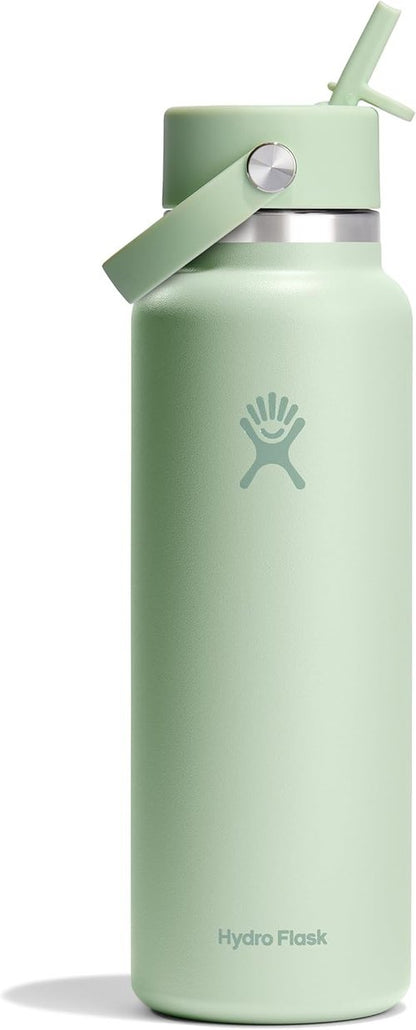 Hydro Flask Water Bottle - Insulated Stainless Steel with Wide Mouth Flex Straw Lid - 40 Oz Aloe Green