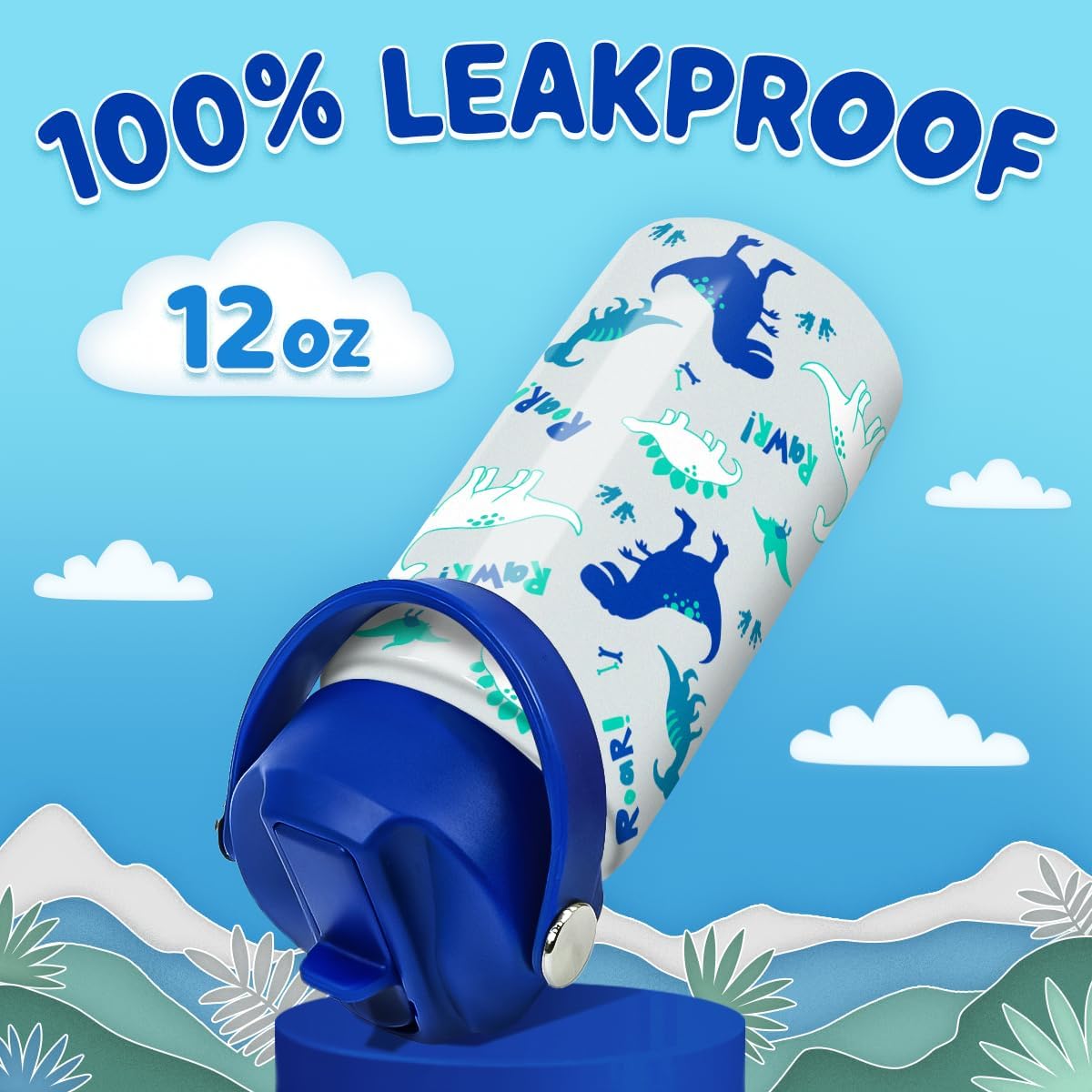 SANDJEST Dinosaur Insulated Stainless Steel Water Bottle - 12 oz Thermos for Kids & Teens | Perfect for School & Sports