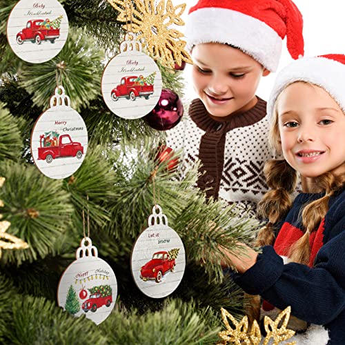 Retro 12 Pack Christmas Red Truck Wooden Tree Ornaments - Buffalo Plaid