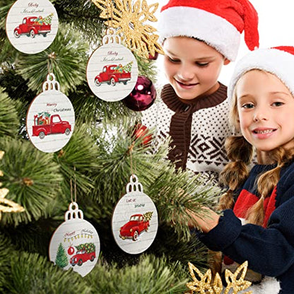 Retro 12 Pack Christmas Red Truck Wooden Tree Ornaments - Buffalo Plaid