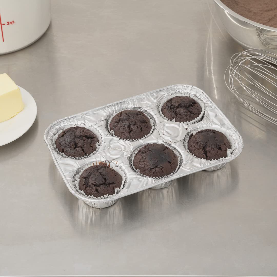 Restaurantware Pastry Tek 9.5 x 6.5 x 1.5 Inch Muffin Tins 25 Disposable Cupcake Pans - 6 Cavities Standard Size Silver Aluminum Baking Pans Durable For Baking Cupcakes Muffins or Mini Pies