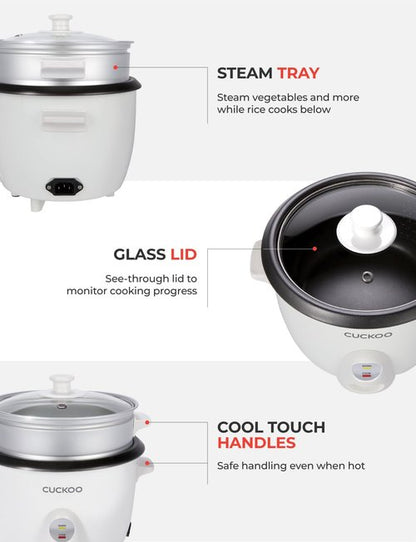 CUCKOO One Touch Rice Cooker - 12-Cup Capacity, Versatile Steamer & Soup Maker, White (CR-0601C)