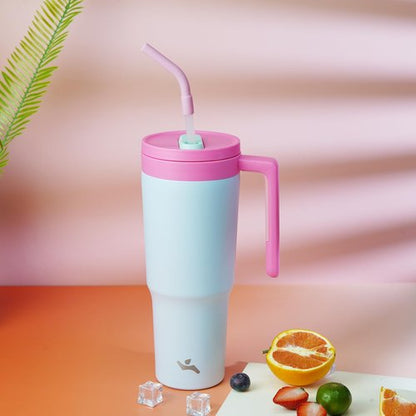 Insulated Tumbler with Handle and Straw,40 OZ Vacuum Stainless Steel Water Bottle Travel Mug Metal Cup with Fruit Diffuser,Pink Grey