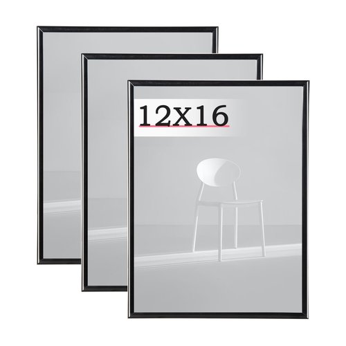 Scholartree 12x16 Picture Frame Black 3 Pack, Scratch-Proof Poster Frames 12 x 16 for Wall - Slide-In Strips, Horizontal or Vertical Wall Mounting