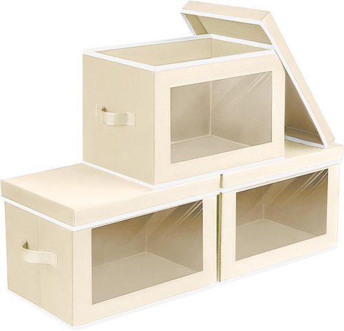 Homsorout Storage Bins - Collapsible Fabric Organizers with Lids | Small Beige 3-Pack for Clothes & Towels