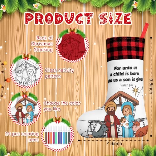 Religious Christmas Stockings DIY Craft Kit with Coloring Pens - 15 Pcs
