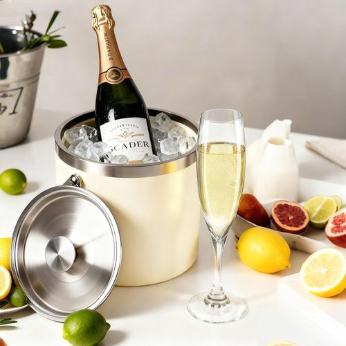 3L Beige-White Double Wall Insulated Stainless Steel Ice Bucket with Scoop for Cocktail Bar,Metal Ice Bucket for Freezer with Lid for Parties.ice Container to Keep Ice Colder,bar cart Accessories