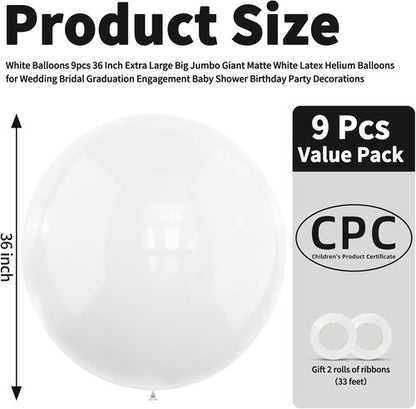 LEEZZIZZ 36 Inch White Giant Balloons - 9 Pack Jumbo Latex Balloons for Kids' Party & Wedding Decorations