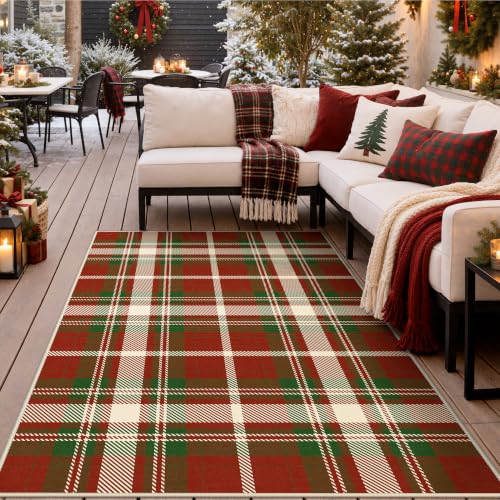 Outdoor Washable Area Rug 8x10 Feet - Red Checkered, Quick Dry for Patio & Entryway - Christmas Red, Non-Slip Backing