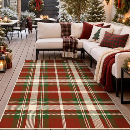 Outdoor Washable Area Rug 8x10 Feet - Red Checkered, Quick Dry for Patio & Entryway - Christmas Red, Non-Slip Backing