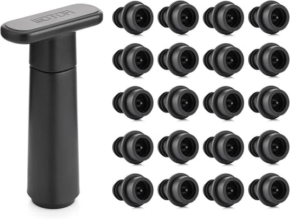 WOTOR Wine Saver Vacuum Pump with 20 Stoppers, Wine Stopper & Preserver, Reusable Bottle Sealer Keeps Fresh, Ideal Accessories Gift (Flat Handle)