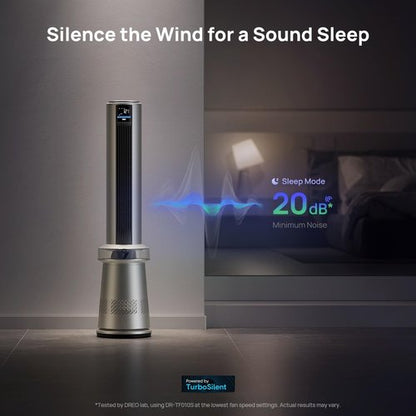 Dreo MC710S Air Purifier Tower Fan, 45" 2-in-1 Smart Fan for Bedroom, 27ft/s Velocity, 120°Oscillation, 24H Timer Bladeless Fans for Home, 25dB Low Noise, Standing Fan Works with Alexa, Silver Blue