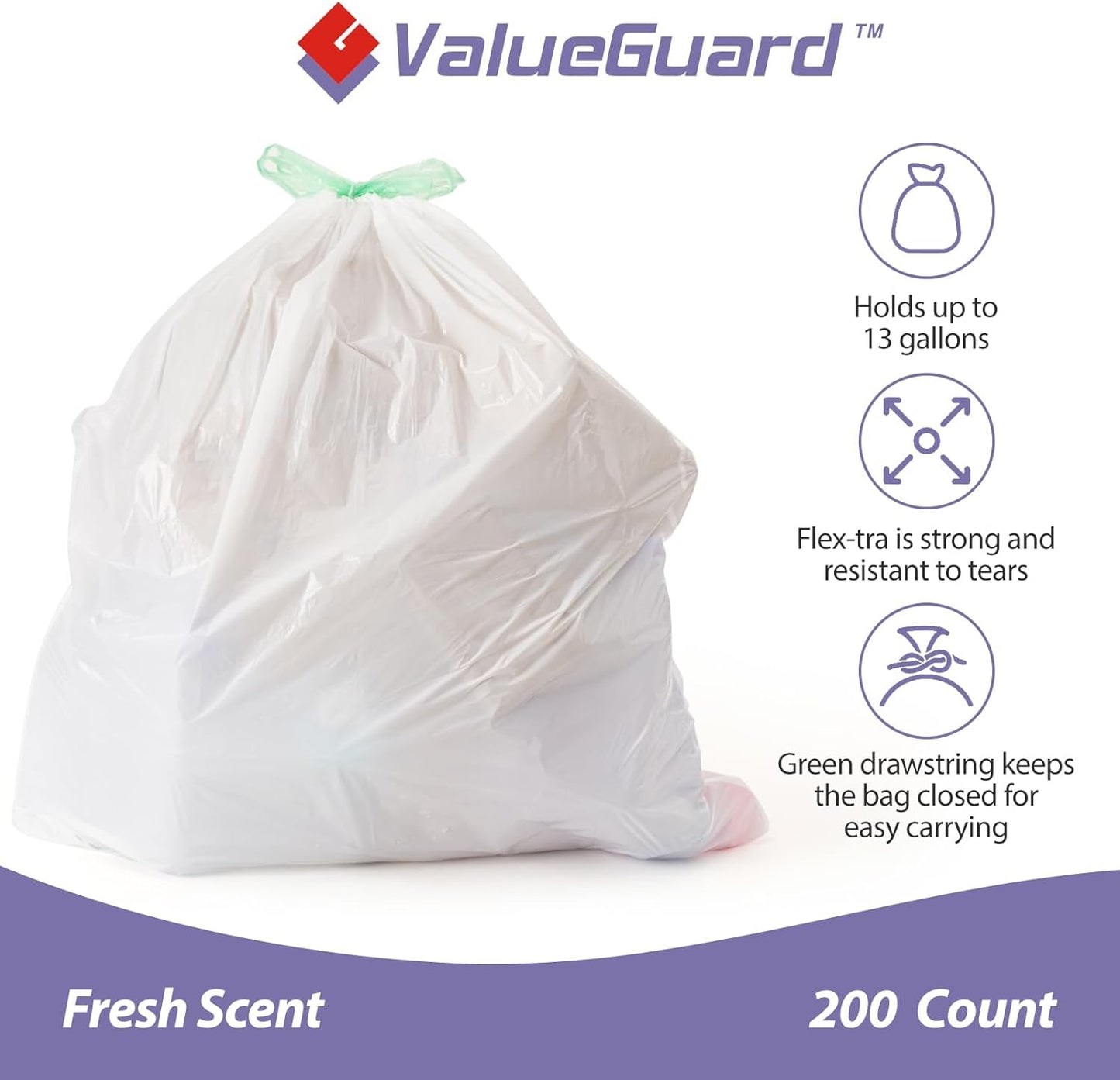 ValueGuard 13 Gallon Drawstring Trash Bags - Durable Tall Waste Bags for Kitchen & Office (200 Count)