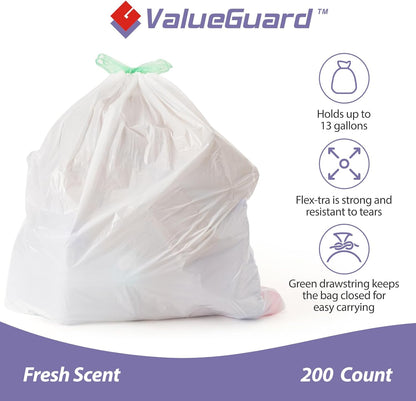 ValueGuard 13 Gallon Drawstring Trash Bags - Durable Tall Waste Bags for Kitchen & Office (200 Count)