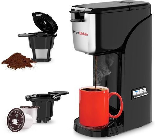 Bonsenkitchen 2-in-1 Coffee Maker - Fast Brewing for K-Cup & Ground Coffee (6-14oz) | Compact & Travel Mug Compatible for Home or Office