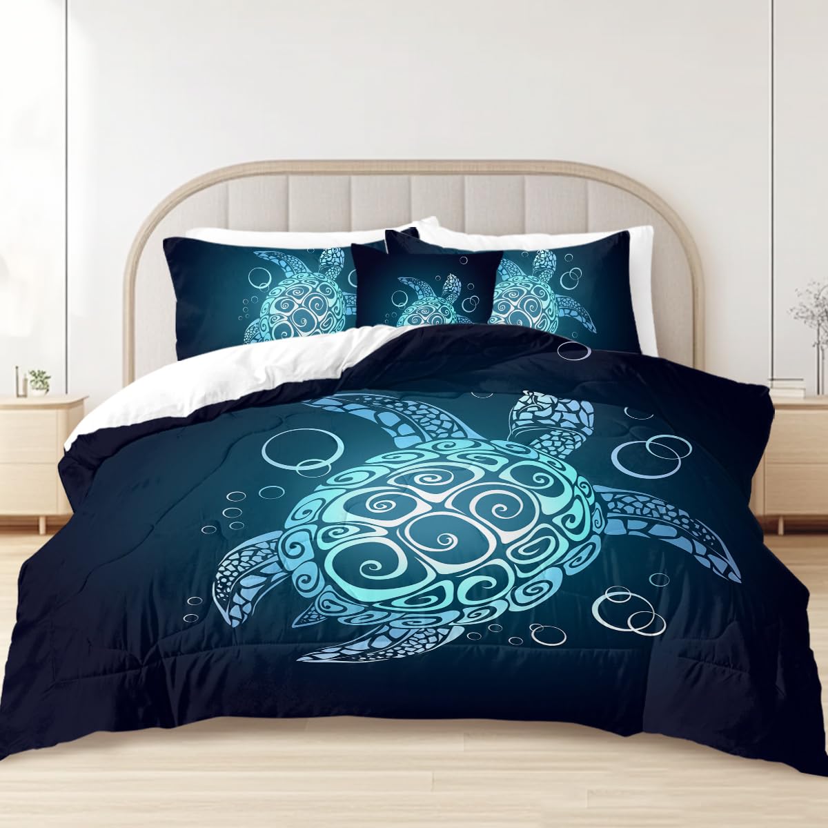 Sleepwish Teal Turquoise Comforter Set King Size for Boys Girls 4 Piece Beach Theme Bedding Set Soft Green Sea Turtle Bed Set