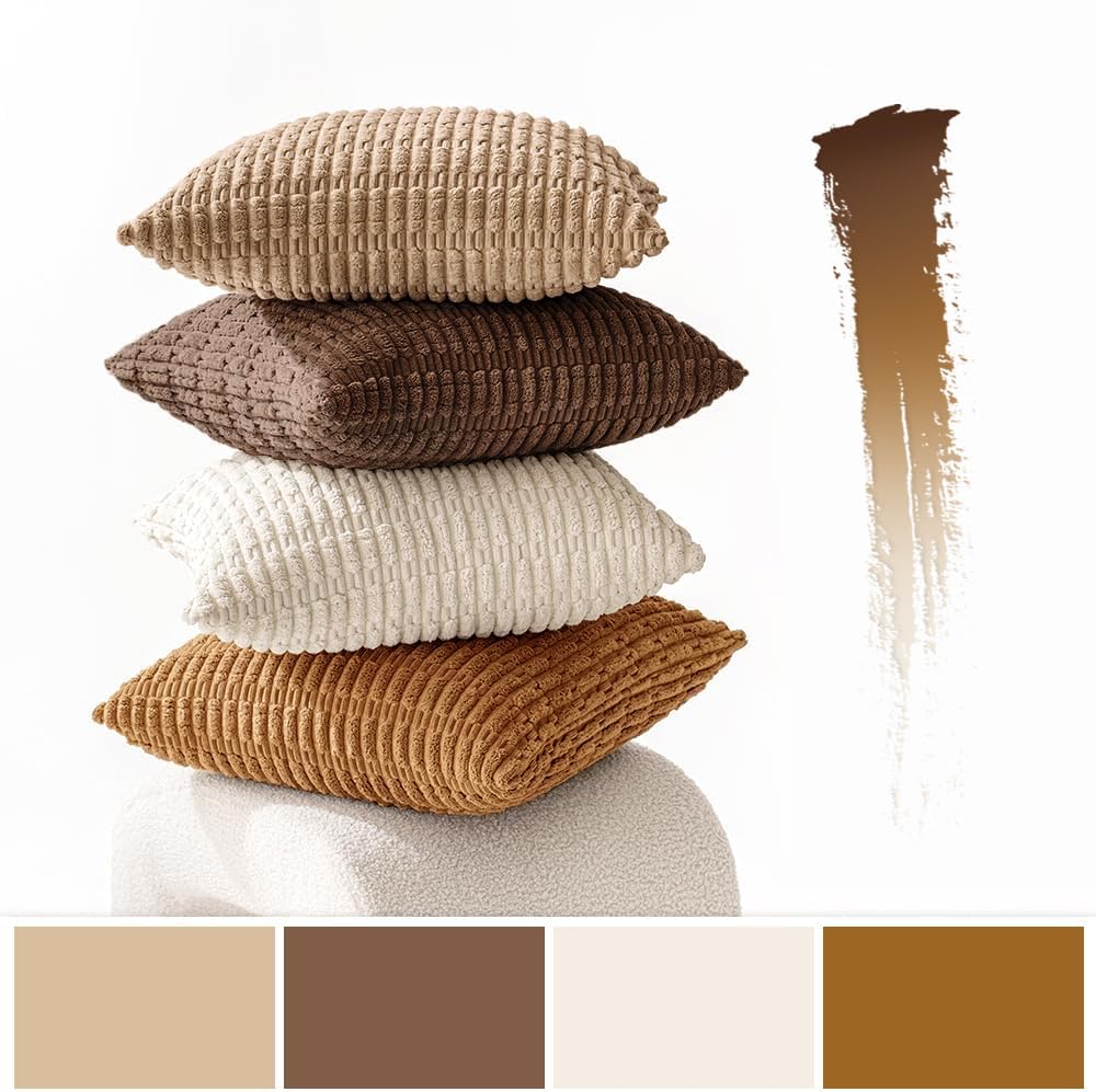 MIULEE Decorative Throw Pillow Covers - Pack of 4 Neutral Corduroy 18x18 Inch | Rustic Boho Home Decor in Brown