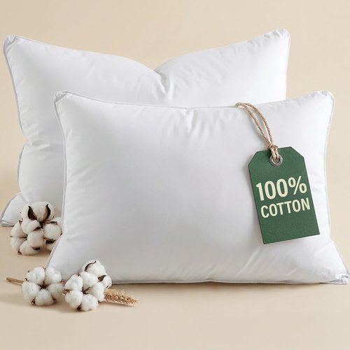 100% Cotton Bed Pillows - Queen Size Set of 2 - Breathable Cotton Cover - Soft, Comfy Down Alternative for Back & Stomach Sleepers - Low Density, Low Loft Support & Machine Washable, 20" x 36" (White)