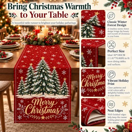 Christmas Table Runner with Red Tree Design for Holiday Dining